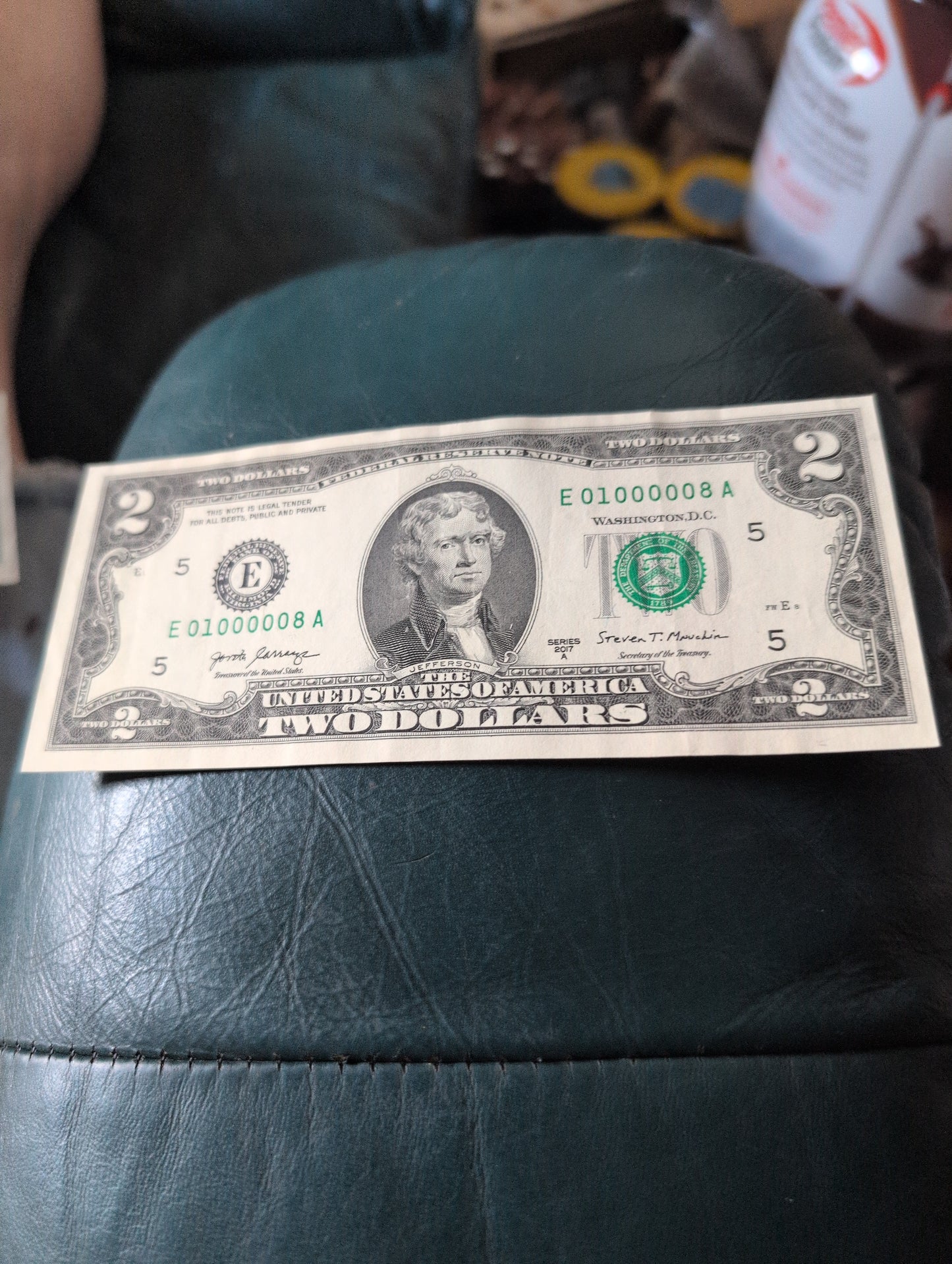 $2 Crisp UNC note with low Serial number and (6) 0s on it